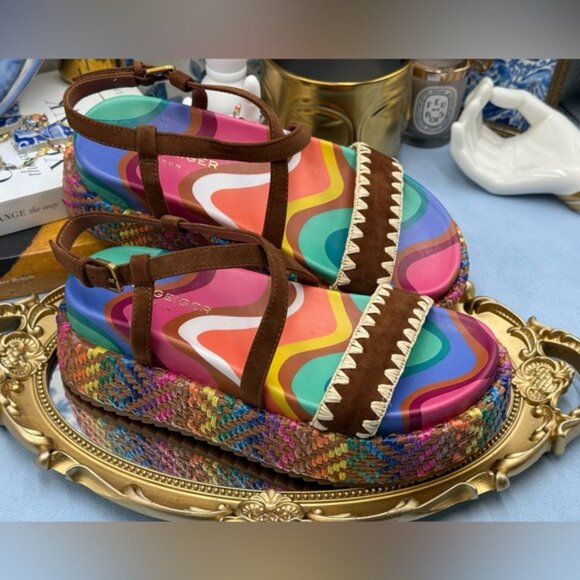 🆕 KURT GEIGER LONDON 🧿 NWOB Chelsea Flatform Sandal, Rainbow Raffia, Sz 37 US7 - Picture 12 of 16